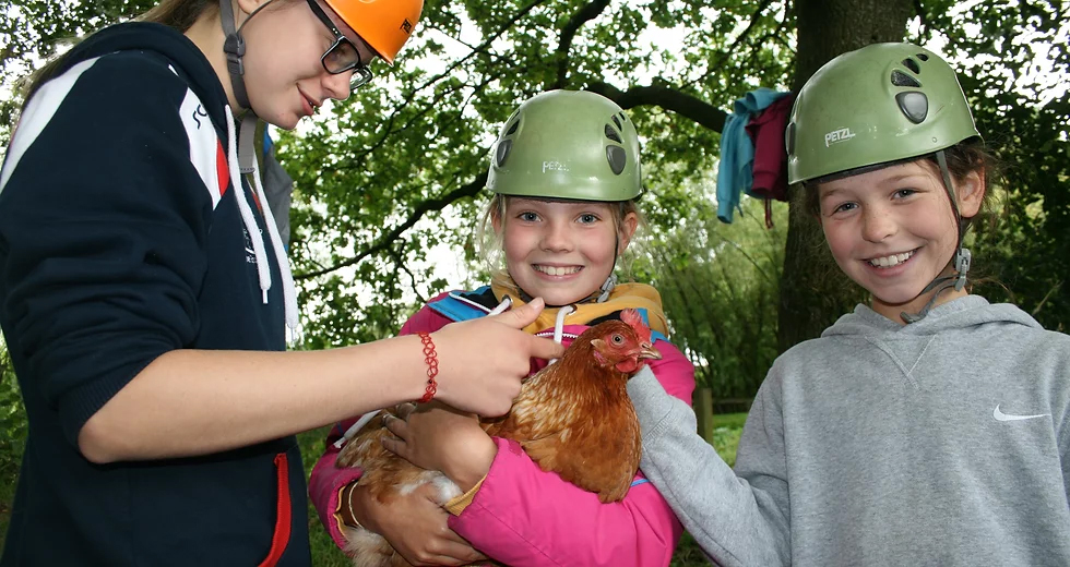 Children holding a chicken